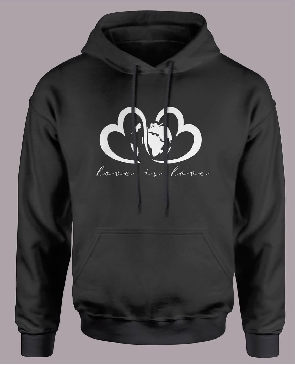 Black Love Language hoodie with white twin-heart globe logo and love is love script