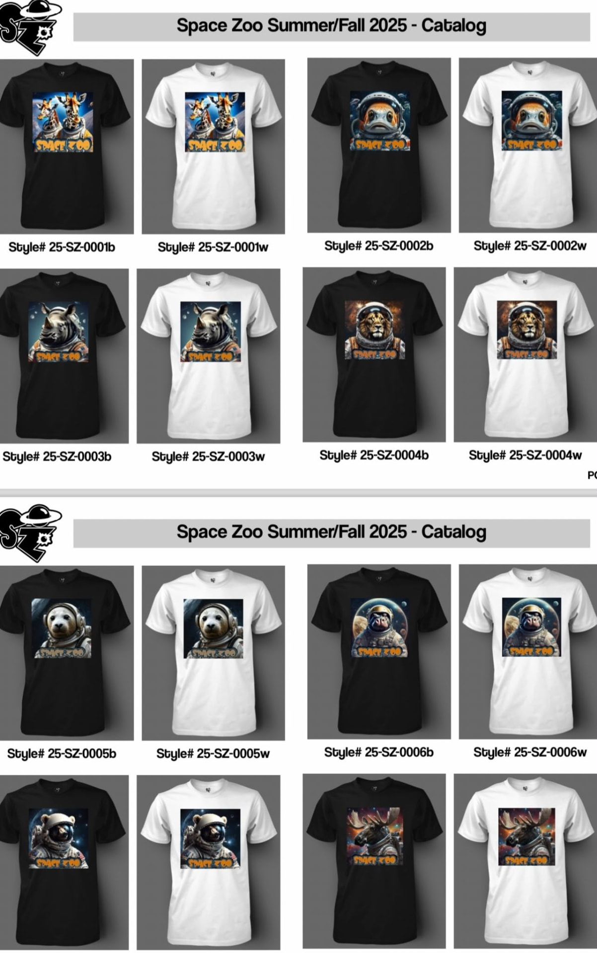 Space Zoo t-shirt catalog sheet with astronaut animal graphics on black and white tees