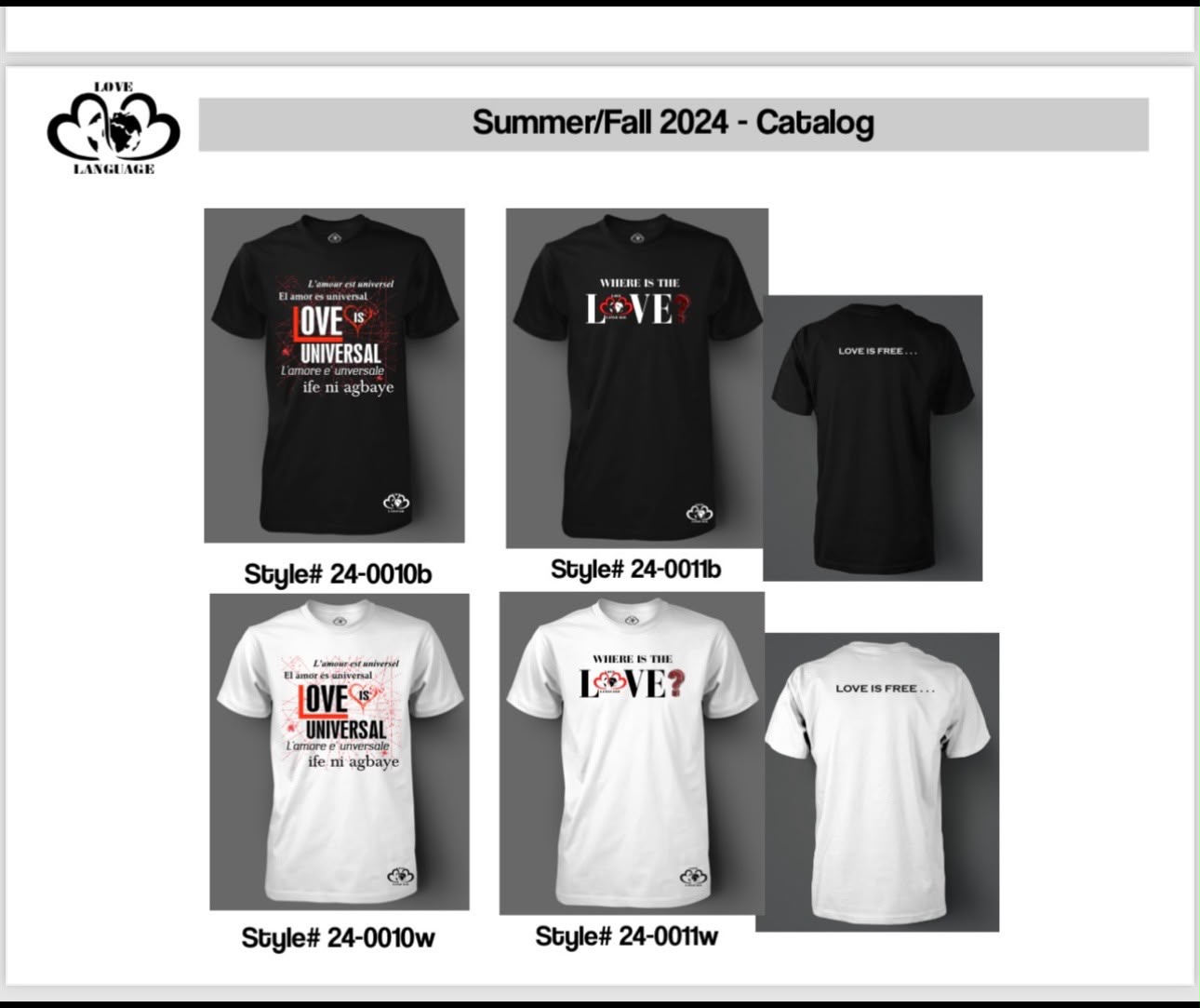Love Language t-shirt catalog sheet with styles 24-0010 and 24-0011 in black and white