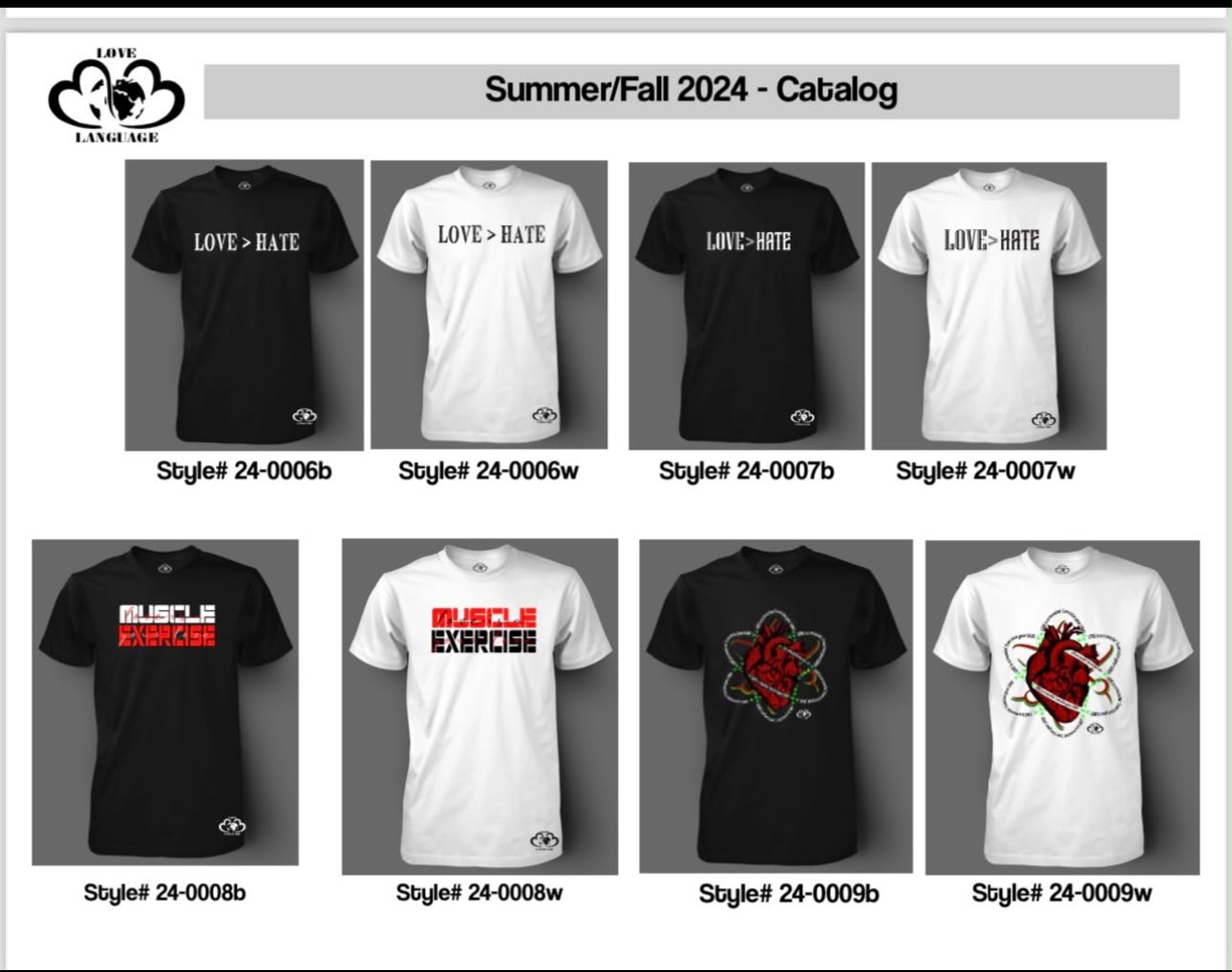 Love Language t-shirt catalog sheet with Love Greater Than Hate, Muscle Exercise and heart graphics