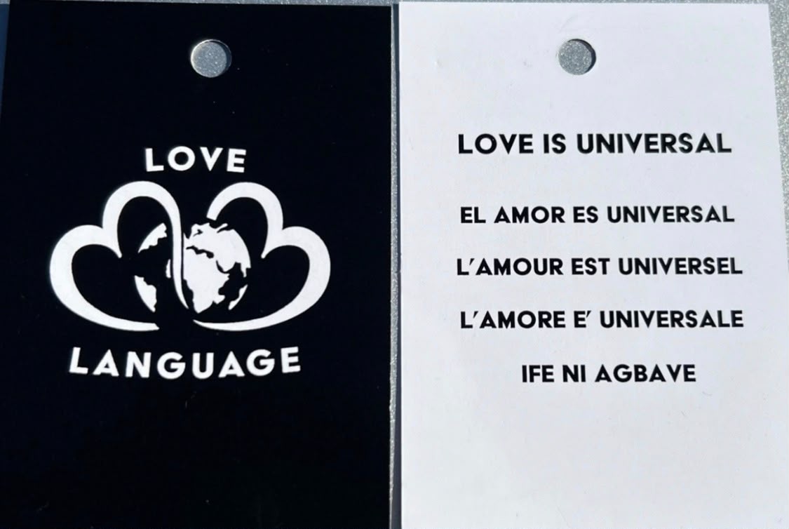 Love Language hang tag front and back reading Love Is Universal in five languages