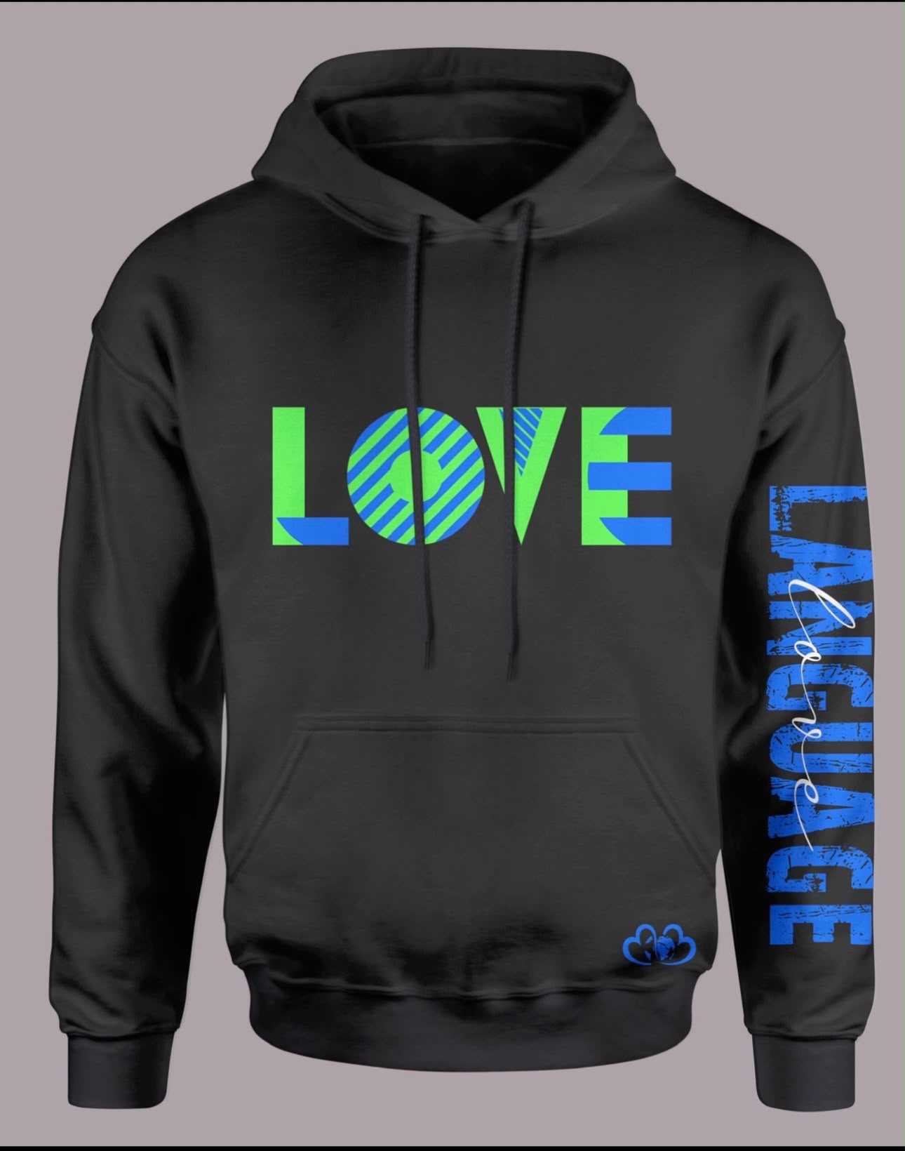 Black Love Language hoodie with green and blue LOVE graphic and sleeve print