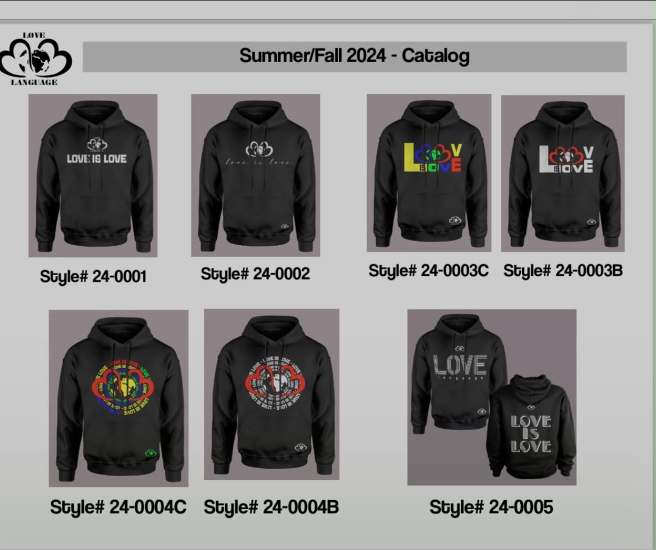 Love Language hoodie catalog sheet with styles 24-0001 through 24-0005