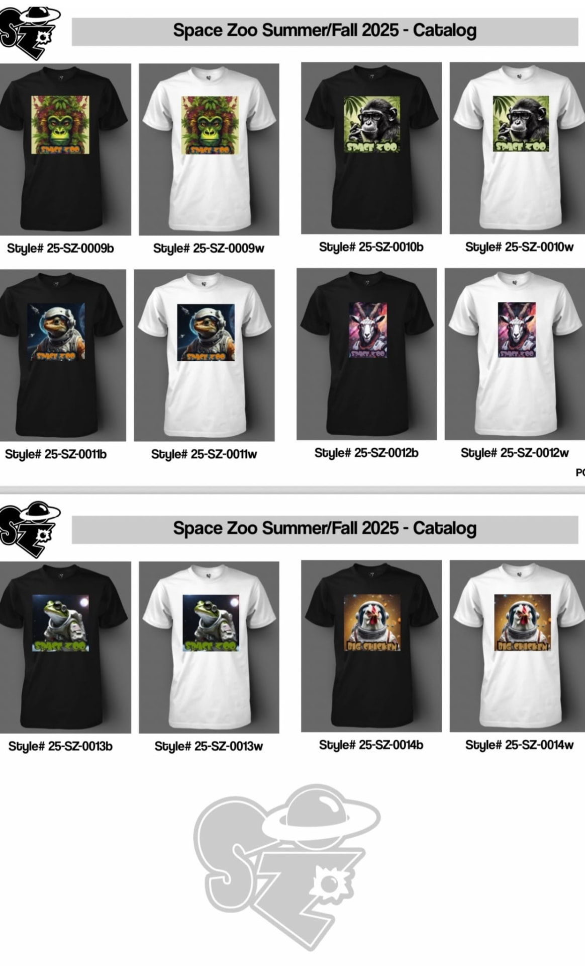 Space Zoo t-shirt catalog sheet with gorilla, chimp, lizard, goat, frog and Big Chicken graphics