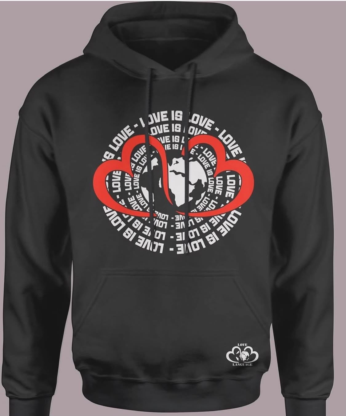 Black hoodie with red twin hearts globe in a Love Is Love ring print